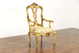 Country French Vintage Hand Painted & Carved Armchair, New Upholstery  #38656