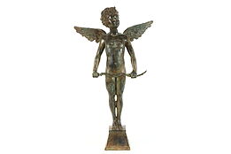 Cupid Vintage Sculpture, Bow & Wings, Verdigris Brass Statue #38801