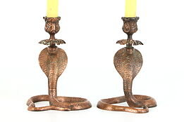 Pair of Cobra Snake Antique Candlesticks, Solid Cast Copper #38663