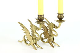 Pair of Vintage Solid Brass Gothic Dragon or Griffin Candlesticks #39080