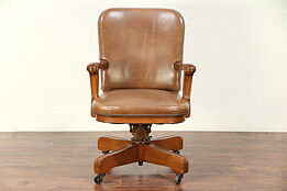 Leather Swivel Adjustable Antique Mahogany Desk Chair, Signed Milwaukee #29688