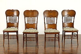 Set of 4 Victorian Antique Carved Oak Pressback Dining Chairs, New Seats #36813