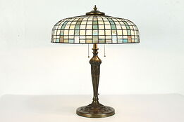 Curved Leaded Stained Glass Shade Antique Office or Library Lamp #36940