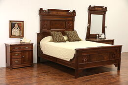 Victorian Eastlake 1880's Queen Size 3 Pc. Walnut Burl Bedroom Set, Marble Tops