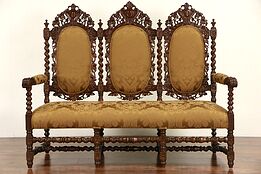 Black Forest Carved Oak 1880's Antique Settee or Hall Bench, New Upholstery