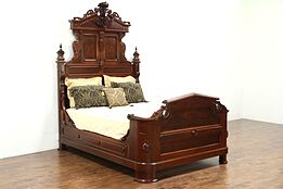 Victorian Antique 1870 Queen Size Walnut Bed, Carved Angel #28666