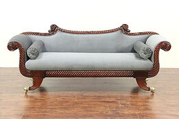 Empire Antique 1830 Sofa, Rope Carved Mahogany, Recent Gray Velvet #29010