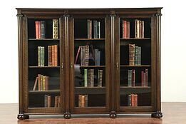 Oak Classical Antique Triple Library Bookcase, Adjustable Shelves #29113