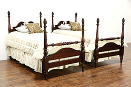 Pair Traditional Mahogany 4 Poster Vintage Twin Beds, Carved Flame Finials