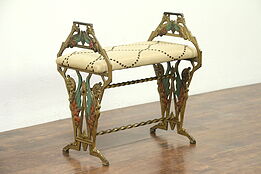 Art Deco 1925 Antique Original Painted Iron Bench, Winged Figures New Upholstery