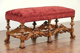 English Tudor 1915 Antique Carved Walnut Bench, New Upholstery #29022