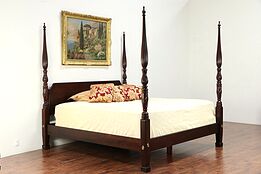 King Size Vintage Carved Mahogany Poster Bed, Signed Henredon #30020