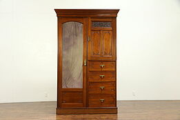 English Antique Carved Walnut Armoire Wardrobe or Closet, Mirror Door  #30637