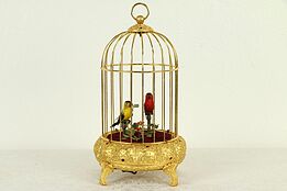 Singing Birds Automaton in Vintage German Jeweled Gold Birdcage #31620