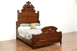Victorian Antique 1870's Hand Carved Walnut Queen Size Bed