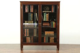 Mahogany Antique Library Bookcase, Inlaid Marquetry, Wavy Glass Doors #28795
