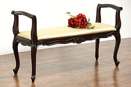 Carved Vintage Fruitwood Bench with Arms, New Upholstery