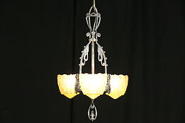 Antique Art Deco 1925 Chandelier, Etched Glass Shades, Pewter Finish