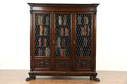 Carved Walnut Antique 1890 Library Bookcase, Iron Grill & Glass Doors, Italy