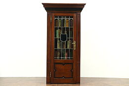 Oak Carved Antique 1890 Bookcase, Leaded Stained Glass Door, Belgium
