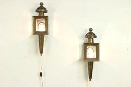 Pair of Brass Lights Vintage Carriage Lanterns or Wall Sconce Lamps #29981