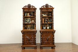 Black Forest Antique Oak Pair of Library Bookcases, Carved Dog & Lions #31521