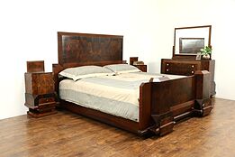 Italian Art Deco Rosewood Antique 4 Pc Bedroom Set, King Size Bed #31562