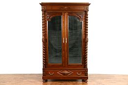 French 1890's Antique Carved Fruitwood Armoire, Beveled Mirrors, Spiral Columns