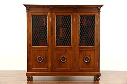 Italian 1910 Antique Triple Library Bookcase with Iron Grills & Stained Glass