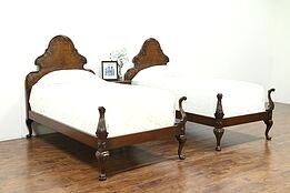 Walnut Antique Bedroom Set, Twin Beds & Nightstand Signed Tobey