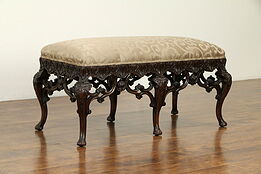 Mahogany Antique Carved Hall Bench, New Upholstery #31773