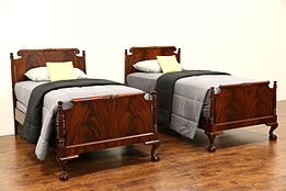 Pair Georgian Style 1940's Vintage Carved Mahogany Twin or Single Beds