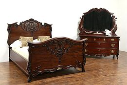 Carved Antique 1900 Mahogany 2 Pc. Bedroom Set, Full Size Bed, Dresser & Mirror
