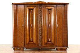 Art Deco 1930 Vintage Carved Oak Armoire, Wardrobe or Closet, Italy