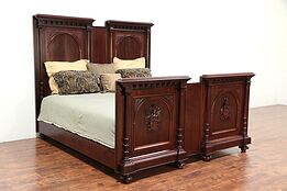 King Size Antique 1890's Walnut Bed, Carved Family Crests, Italy #29368