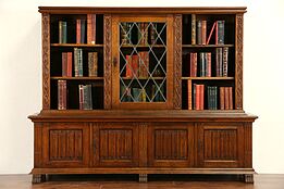 Oak Dutch 1920's Library Bookcase, Leaded Glass Door, Carved Linen Fold Panels