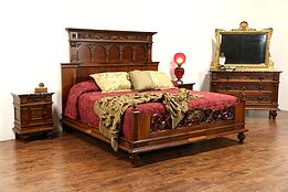 Italian Renaissance 1900's Antique King Size 4 Pc. Bedroom Set Marble Top Chests