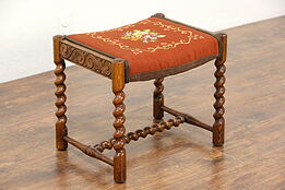 Oak Antique Stool or Bench, Spiral Legs, Needlepoint Upholstery