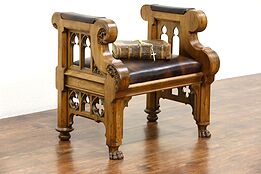 Gothic Carved 1870 Antique Walnut Hall Bench, Leather Upholstery
