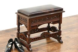 Victorian Eastlake 1880 Antique Bench, Slipper Compartment, Leather Upholstery