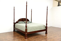 Baker Signed King Size Carved Mahogany Poster Bed, Flame Grain Panels