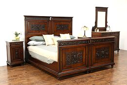 Italian Walnut Antique 4 pc. Bedroom Set, Marble, Carved Angels, King Size Bed