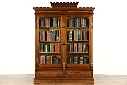 Victorian Eastlake 1870's Antique Library Carved Walnut Bookcase