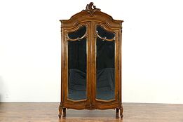 French Antique Shell Carved Walnut Armoire, Beveled Mirror Doors