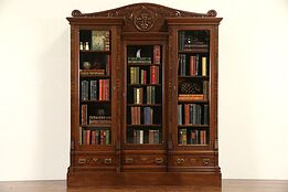Victorian 1870 Antique Carved Walnut Triple Library Bookcase, Wavy Glass