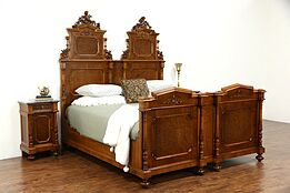Italian 1900 Antique Bedroom Set, King Size Bed, 2 Nightstands, Carved Angels