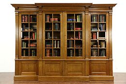 French Oak 1920's Antique 10' Library Bookcase, Beveled Glass Doors
