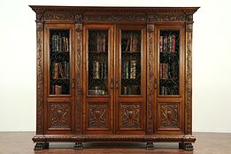 Walnut Antique Library Bookcase, Iron Grillwork, Lion Carved, Italy #29095