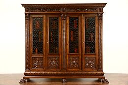 Italian 1890's Antique Bookcase, Carved Heads &Paws, Iron Grills, Stained Glass