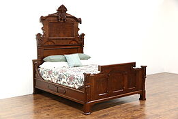 Victorian Renaissance 1880 Antique Carved Walnut & Burl Queen Size  Bed